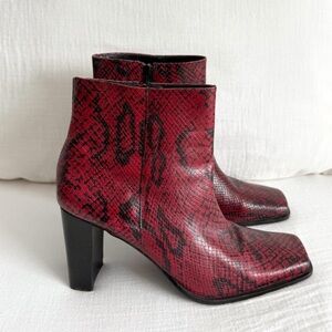 Vintage 90s Red Leather Snakeskin Print Square Toe Boots